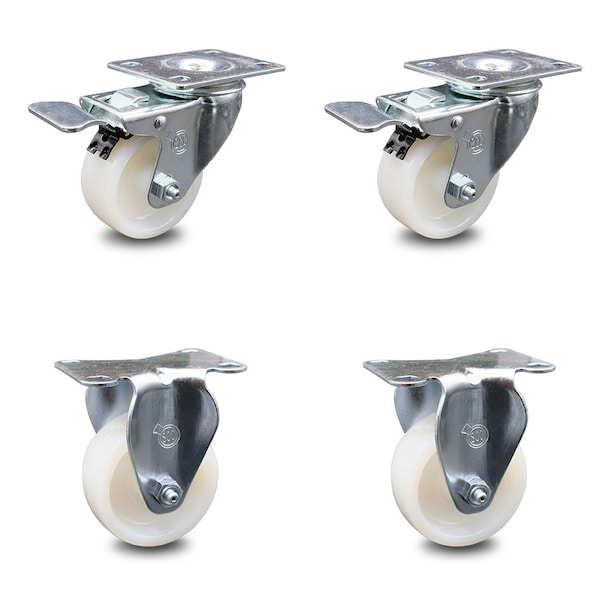 3 Inch Nylon Wheel Swivel Top Plate Caster Lock Brakes 2 Rigid SCC, 2PK
